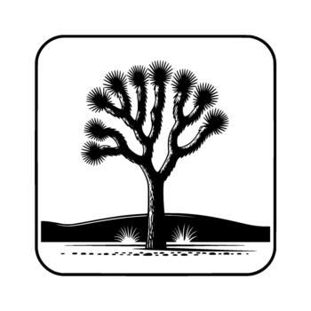 A striking illustration of a stylized Joshua tree in a minimalist desert landscape with rolling hills and sparse vegetation vector