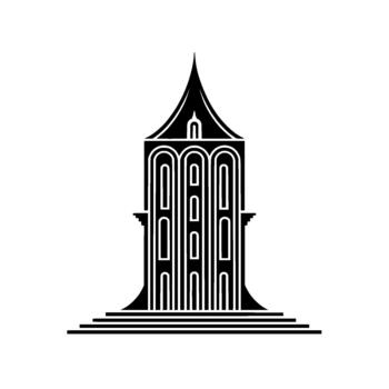 Stylized silhouette of an ornate Gothic style tower with arched windows and a pointed spire vector