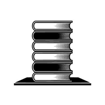 A stark illustration of a stack of six hardcover books with stylized pages rendered in fine horizontal lines vector