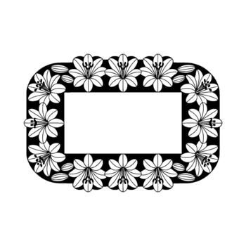 A monochromatic stylized illustration of a decorative oval frame border adorned with repeating outlined lily flowers and subtle leaf accents vector