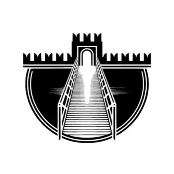 A stark illustration of a drawbridge leading to a castle gate with crenellated battlements and a semicircular shield behind it vector