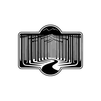 A stark depicting a winding road leading into a dense pine forest with silhouetted mountains in the background within a rounded rectangle frame vector