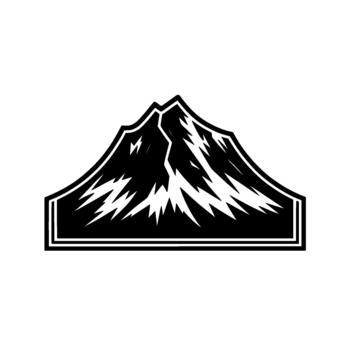 A minimalist illustration of a jagged mountain peak with sharp peaks and snow accents inside a rectangular frame vector