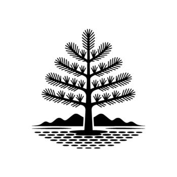 A stark silhouette of a stylized evergreen pine tree with layered branches stands majestically before rolling hills and a patterned ground vector