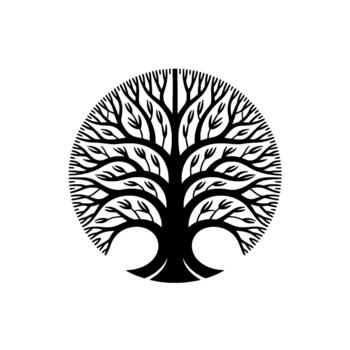 Striking minimalist illustration of a stylized circular tree of life with intricate branching patterns vector