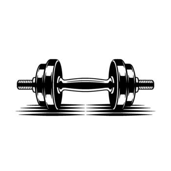 A stylized illustration of a classic chrome dumbbell with detailed knurling and parallel line shading vector