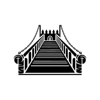 A illustration depicting a silhouette of a medieval drawbridge with ornate railings and hanging chains leading to a castle gate vector