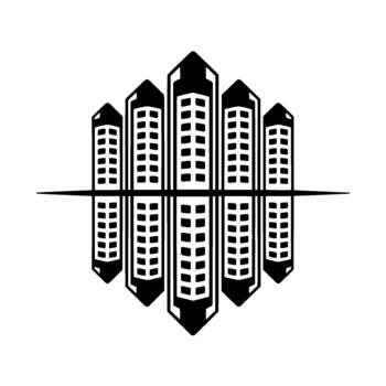 A striking silhouette of a symmetrical cityscape with five distinct skyscrapers reflected below a horizontal dividing line vector
