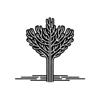 Abstract minimalist illustration of a stylized bare tree with intricate branching patterns and a simplistic linear root system vector