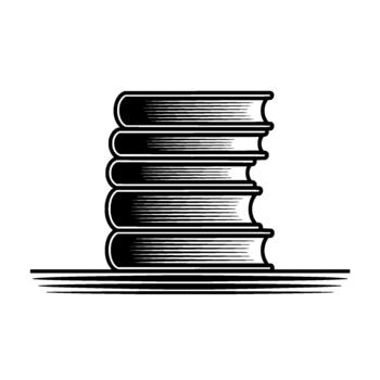 Stylized monochrome illustration of a stack of five classic hardbound books with visible page lines presented vector