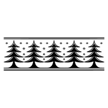 A repeating seamless horizontal border illustration featuring stylized pine trees with abstract snowflake accents vector