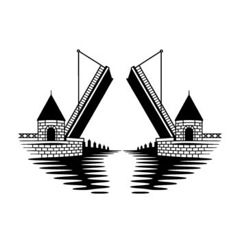 Symmetrical illustration of a gothic drawbridge with open towers and a reflective water surface creating a balanced composition vector