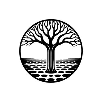 un sorprendentes silueta de un estilizado desnudo árbol con intrincado derivación dentro un Perfecto circulo vector