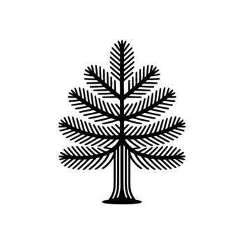 Minimalist line art illustration of a stylized fir tree with layered branches and a striped trunk isolated vector