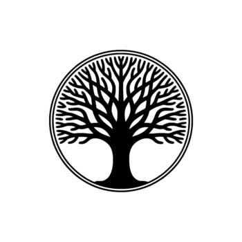 A stark silhouette of the Yggdrasil Norse mythology tree of life enclosed within a simple doublelined circle isolated vector