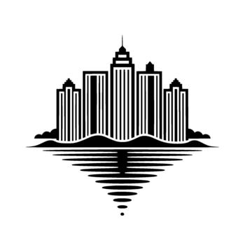 Minimalist silhouette of a modern city skyline with distinct skyscraper architecture reflected in stylized rippling water vector