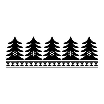 A symmetrical horizontal border featuring five stylized Christmas trees with snowflake embellishments across the top and a repeating geometric diamond pattern along the bottom set again vector