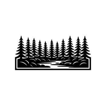 A stylized silhouette of a serene forest landscape featuring a line of evergreen coniferous trees beside a winding river with rounded rocks within a rectangular frame vector