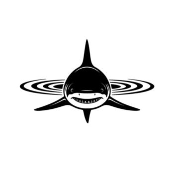 A stylized illustration of a smiling shark with sharp teeth emerging from concentric water ripples vector