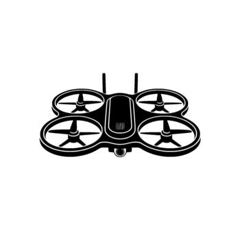 A minimalist silhouette of a fourbladed quadcopter drone with antennas and a camera viewed from above vector