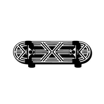A illustration of a stylized skateboard featuring a repeating geometric line art pattern and metal trucks vector