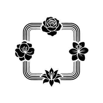 A stylized silhouette of four distinct floral elements including a rose lily and lotus adorning a square frame composed of parallel curved lines vector