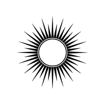 A stark silhouette of a stylized sun with numerous sharp pointed rays emanating from a central circular frame vector