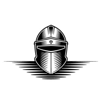 Stylized illustration of a medieval knights helmet featuring a prominent cross emblem and sharp angular casting sharp stylized shadows vector