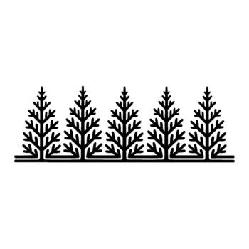 Minimalist line art illustration of a row of stylized coniferous trees with intricate branching patterns isolated vector