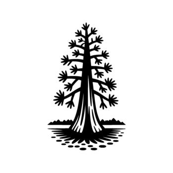 Bold silhouette of a stylized evergreen tree with radiating branches and a textured base vector