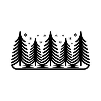 A minimalist line art illustration featuring a row of stylized pine trees adorned with falling snowflakes vector