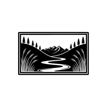 Stylized silhouette landscape featuring rolling hills a winding river evergreen trees and tall reeds within a decorative rectangular frame vector