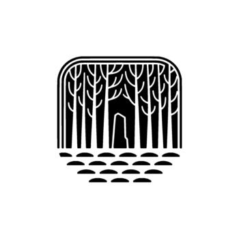 A stylized line art illustration of a dense forest with stylized trees and a small entrance or opening within the trees vector