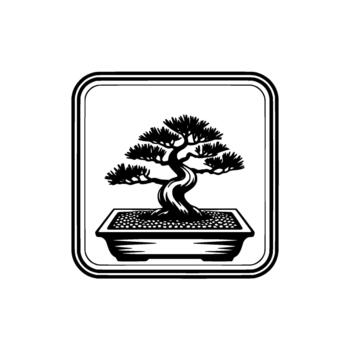 Stylized silhouette of a mature twisted pine bonsai tree in a rectangular pot filled with gravel displayed within a double bordered rounded square frame vector
