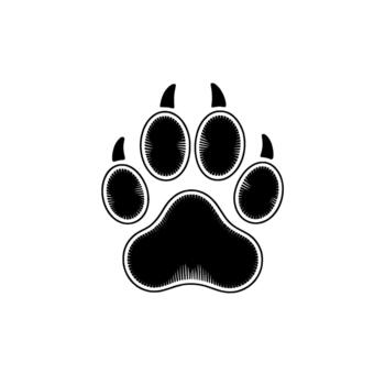 A stark illustration of a large animal paw print featuring prominent claws and textured pads vector