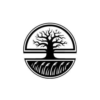 un estilizado minimalista circular emblema presentando un silueta de un estéril árbol con intrincado ramas arraigado en estilizado césped dentro un moderno geométrico marco vector