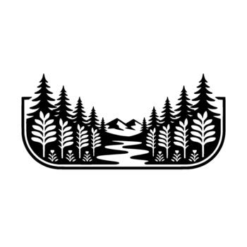 un rígido silueta representando un sereno bosque paisaje con alto pino arboles un devanado río y distante nieve tapado montañas enmarcado por un redondeado rectangular frontera vector