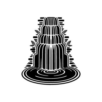 A striking minimalist illustration of a multitiered cascading waterfall flowing into a circular pool with ripples and surrounding stylized foliage elements vector