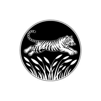 Striking illustration of a majestic tiger leaping through stylized grass within a bold circular emblem symbolizing power and nature vector