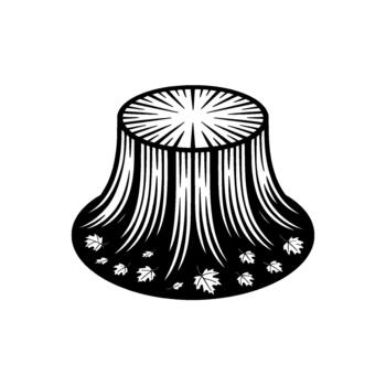 estilizado ilustración de un árbol tocón con radiante líneas a el parte superior y que cae arce hojas alrededor sus base vector