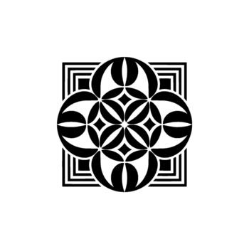 A minimalist geometric mandala pattern composed of overlapping circles and squares creating a symmetrical rosette vector