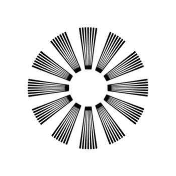 A striking minimalist featuring a radial arrangement of twelve stylized abstract shapes resembling unfurling petals or radiating lines vector