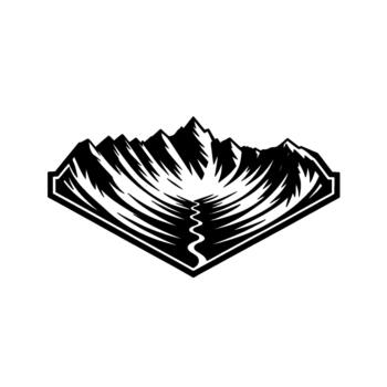 A dramatic monochrome depicting a stylized mountain range with jagged peaks and a winding river flowing through a valley framed by a bold hexagonal border vector