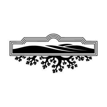Stylized silhouette of rolling hills within an ornate frame with branching root like elements at the bottom isolated vector