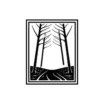 sorprendentes minimalista grabado en linóleo estilo representación de un devanado camino líder dentro un denso bosque de desnudo arboles vector