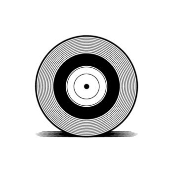 A stylized minimalist illustration of a vinyl record with concentric circles and a central hole casting a sharp shadow vector