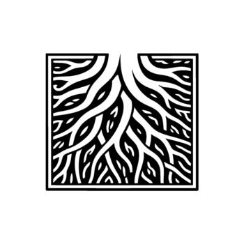 Intricate abstract illustration of tree roots spreading within a bold square border vector