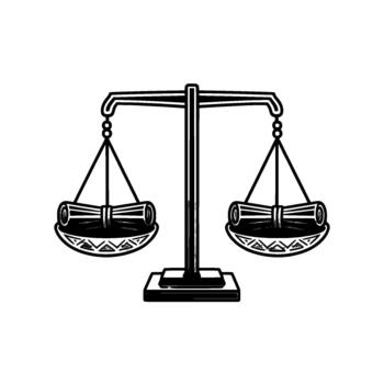 un estilizado ilustración de un equilibrado escala de justicia participación dos arrollado documentos o rollos de ley vector