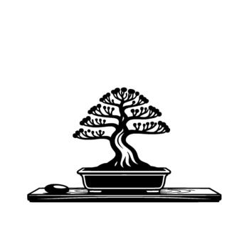 A stark minimalist silhouette of a stylized Japanese bonsai tree with curved trunk and rounded foliage presented in a traditional rectangular pot vector