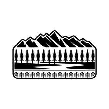Stylized depicting a serene mountain range above a dense evergreen forest lining a winding river vector
